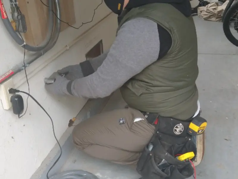 Electrician performing outlet wiring in a Chalco garage